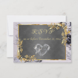 Elegant Marble, Grey, Gold Frame, Silver Heart 出欠カード
