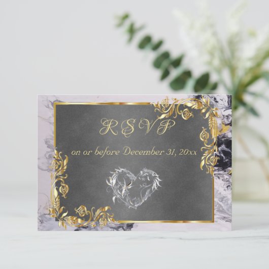 Elegant Marble, Grey, Gold Frame, Silver Heart 出欠カード (スタンド正面)