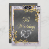 Elegant Marble, Grey, Gold Frame, Silver Heart 招待状 (正面/裏面)