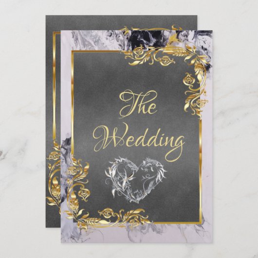 Elegant Marble, Grey, Gold Frame, Silver Heart 招待状 (正面/裏面)