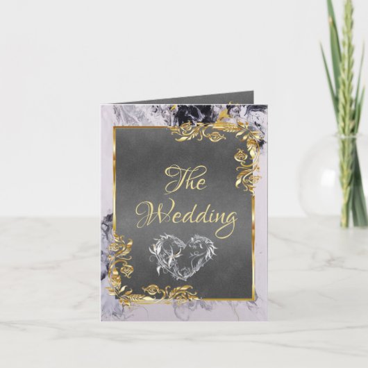 Elegant Marble, Grey, Gold Frame, Silver Heart 案内状 (正面)