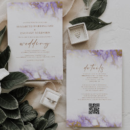 Elegant Marble Lavender Gold QR Code Wedding 招待状