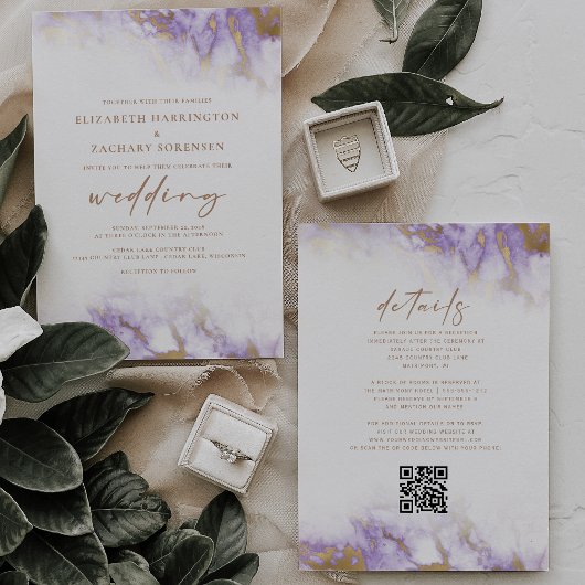 Elegant Marble Lavender Gold QR Code Wedding 招待状