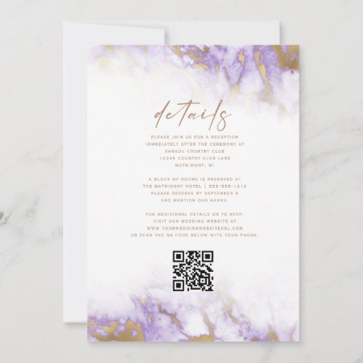 Elegant Marble Lavender Gold QR Code Wedding 招待状 (裏面)
