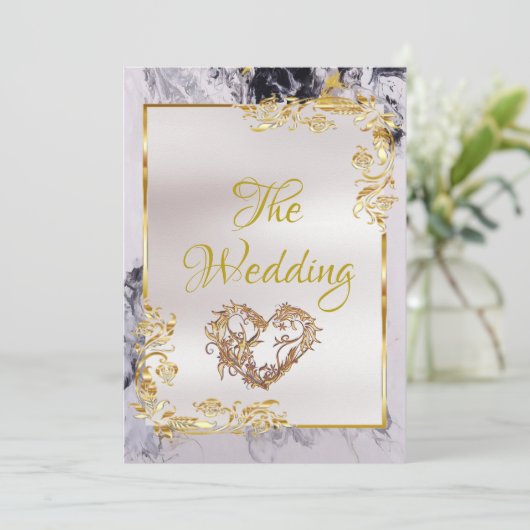 Elegant Marble, White, Gold Frame, Gold Heart 招待状 (スタンド正面)