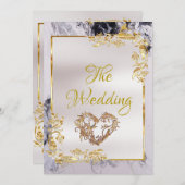 Elegant Marble, White, Gold Frame, Gold Heart 招待状 (正面/裏面)