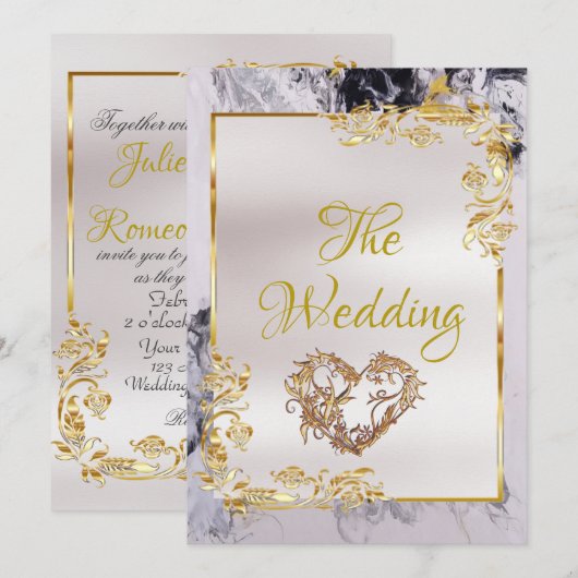 Elegant Marble, White, Gold Frame, Gold Heart 招待状 (正面/裏面)