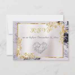 Elegant Marble, White, Gold Frame, Silver Heart  出欠カード
