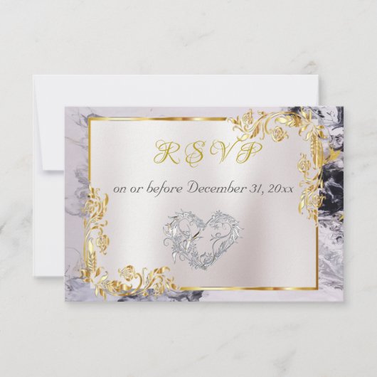 Elegant Marble, White, Gold Frame, Silver Heart  出欠カード (正面)