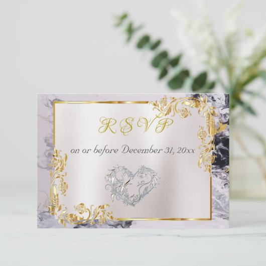 Elegant Marble, White, Gold Frame, Silver Heart  出欠カード (スタンド正面)