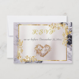 Elegant Marble, White, Gold Frame, Silver Heart 出欠カード