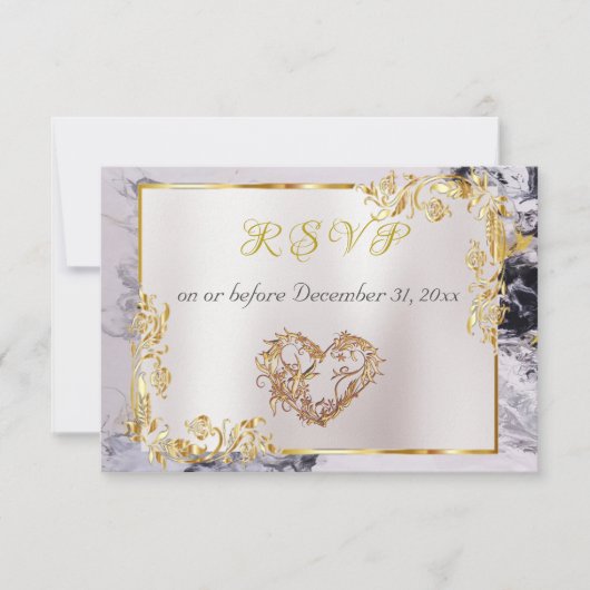 Elegant Marble, White, Gold Frame, Silver Heart 出欠カード (正面)