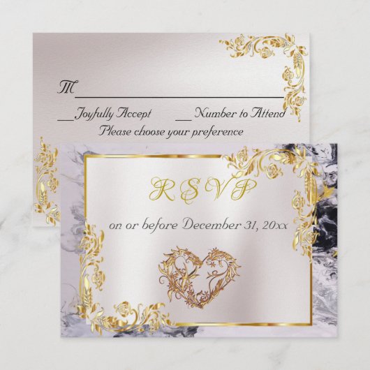 Elegant Marble, White, Gold Frame, Silver Heart 出欠カード (正面/裏面)