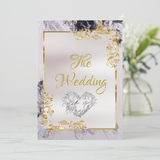 Elegant Marble, White, Gold Frame, Silver Heart 招待状 (スタンド正面)