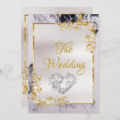 Elegant Marble, White, Gold Frame, Silver Heart 招待状 (正面/裏面)