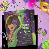 Elegant Mardi Gras Masquerade Hand-drawn Portrait 招待状