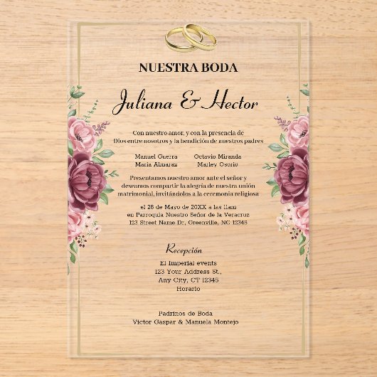 Elegant Maroon and Gold Floral Wedding アクリル招待状 (正面)