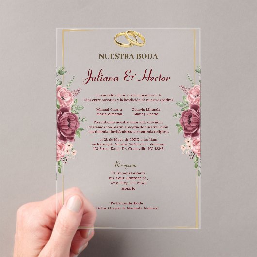 Elegant Maroon and Gold Floral Wedding アクリル招待状 (インサイチュ (ポータブル))