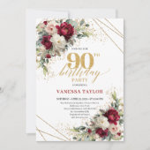 Elegant Maroon Gold Floral 90th Birthday Invite 招待状 (正面)