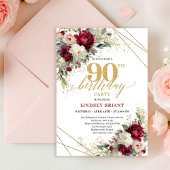 Elegant Maroon Gold Floral 90th Birthday Invite  招待状