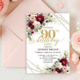 Elegant Maroon Gold Floral 90th Birthday Invite 招待状