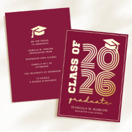 Elegant Maroon Gold Graduation YY Announcement 箔招待状