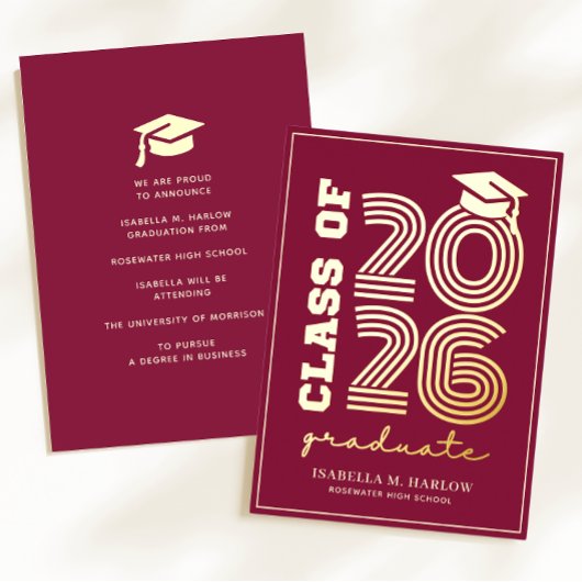 Elegant Maroon Gold Graduation YY Announcement 箔招待状