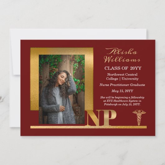Elegant Maroon Gold NP Nurse Practitioner 案内状 (正面)