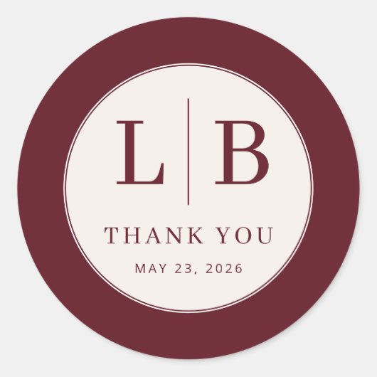 Elegant Maroon Initials ラウンドシール (正面)