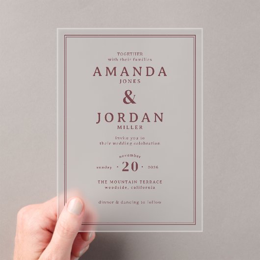 Elegant Maroon Minimalist Wedding Invitation アクリル招待状 (インサイチュ (ポータブル))