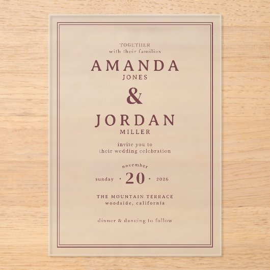 Elegant Maroon Minimalist Wedding Invitation アクリル招待状 (正面)