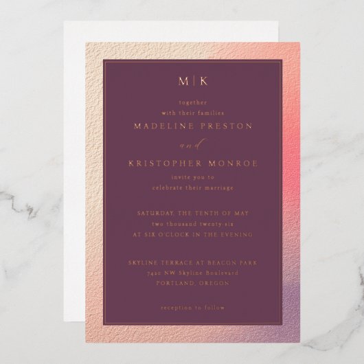 Elegant Maroon Ombre Wedding Invitation 箔招待状 (正面/裏面)