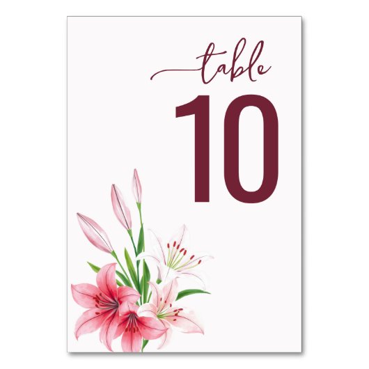 Elegant Maroon Watercolor Lily Table Sign テーブルナンバー (正面)