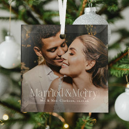 Elegant Married & Merry Newlywed Photo, Christmas ガラスオーナメント