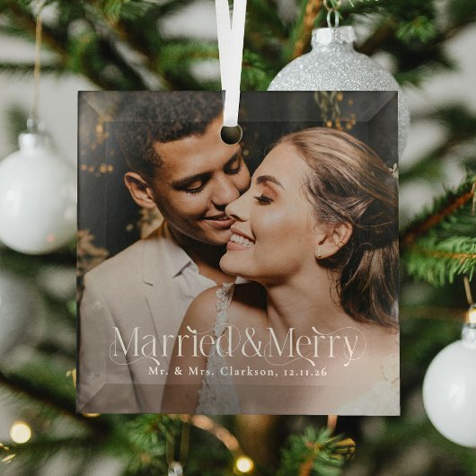 Elegant Married & Merry Newlywed Photo, Christmas ガラスオーナメント