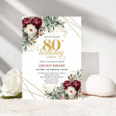 Elegant Marsala Floral Greenery 80th Birthday 招待状