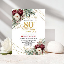 Elegant Marsala Floral Greenery 80th Birthday 招待状
