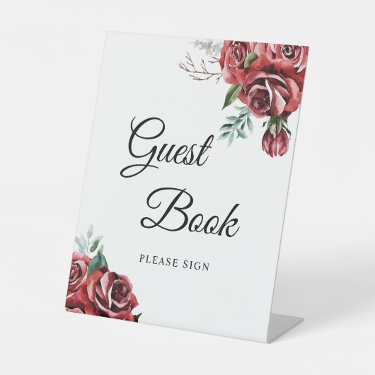 Elegant Marsala Red Rose Rustic  Guest Book Sign 台座サイン (正面)