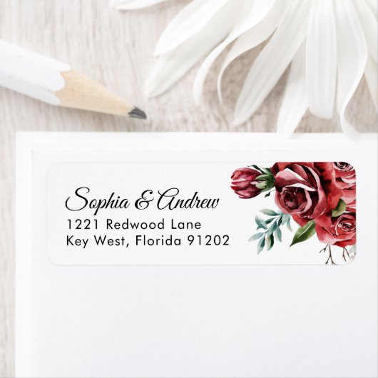 Elegant Marsala Red Rose Rustic  Wedding Address ラベル (インサイチュ)