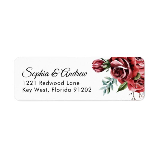 Elegant Marsala Red Rose Rustic  Wedding Address ラベル (正面)