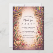 Elegant Masquerade Hearts Mardi Gras 招待状 (正面)