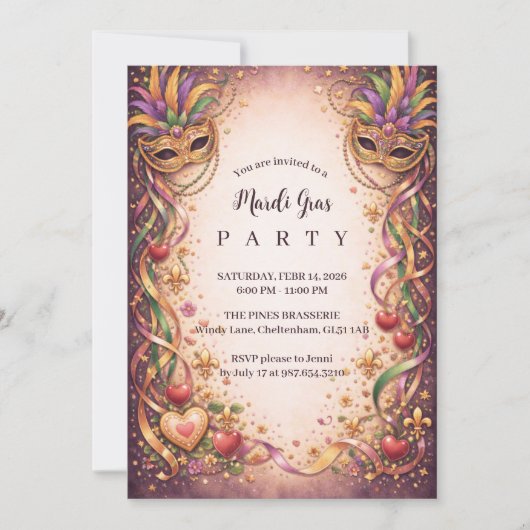 Elegant Masquerade Hearts Mardi Gras 招待状 (正面)
