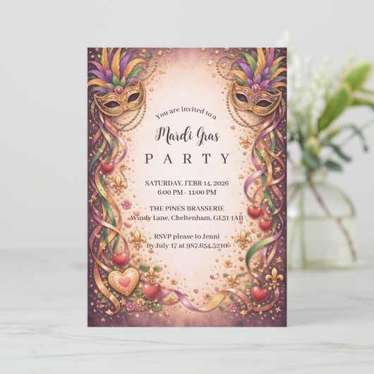 Elegant Masquerade Hearts Mardi Gras 招待状 (スタンド正面)