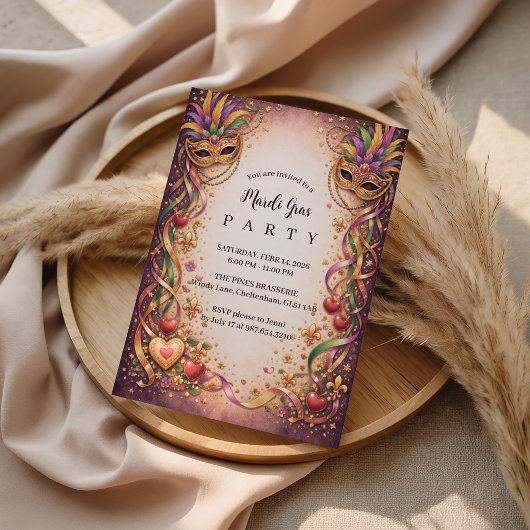 Elegant Masquerade Hearts Mardi Gras 招待状