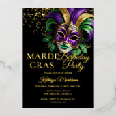 Elegant Masquerade Mask Mardi Gras Birthday Party 箔招待状 (正面)