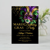 Elegant Masquerade Mask Mardi Gras Birthday Party 箔招待状 (立ち正面)