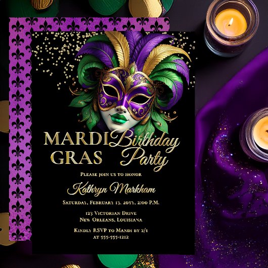 Elegant Masquerade Mask Mardi Gras Birthday Party 箔招待状