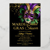 Elegant Masquerade Mask Mardi Gras Bridal Shower 箔招待状 (正面)