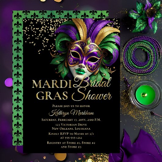 Elegant Masquerade Mask Mardi Gras Bridal Shower 箔招待状