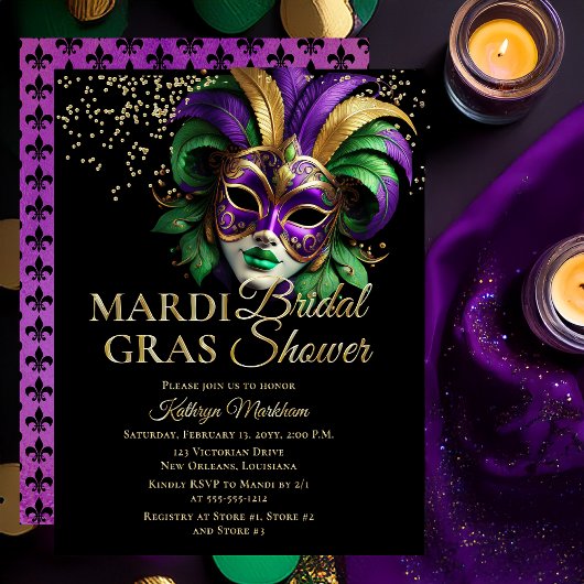 Elegant Masquerade Mask Mardi Gras Bridal Shower 箔招待状